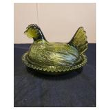 VTG Indiana Glass Olive Green Hen Nesting Chicken