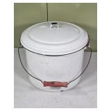 Vtg White w/ Blue Rib Enamelware Pot & Lid