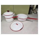 Vtg White w/ Red Rim Enamelware Pots & Pan