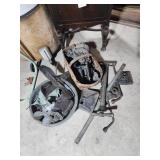 Vintage car parts, car jack, metal air pump