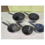 5 Vtg Black Speckled Enamelware Pots