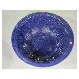Vintage Blue Speckled Enamelware Strainer 11" W
