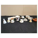 Mini tea cups, bells, porcelain trinket dish