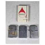 3 Vintage Zippo Lighters & Box