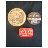 Vintage tins, leather soap, shoe shine, plastic