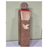 Vtg Wooden Long Match Holder w/ Eagle