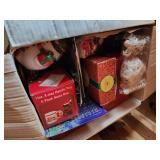 Boxes of christmas ornaments and decor