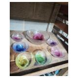 7 piece salad bowl set clear glass with colored