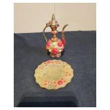2pc  set  Ewer pitcher Brass  red Stone inlay -