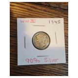 1945 Mercury Dime Winged Liberty Head Dime. 90% 1945 Mercury Dime Winged Liberty Head Dime. 90%