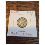 1943 D Mercury Dime Winged Liberty Head Dime. 90% 1943 D Mercury Dime Winged Liberty Head Dime. 90%