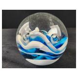 2.5" glass Paperweight blue and white swirl 2.5" glass Paperweight blue and white swirl