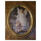 Vtg Oval Guardian Angel Framed Picture 23"x 19"