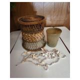 Wicker plant stand, glass planter, shell hanging