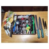 Large knife, assorted kitchen tools