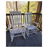2 white wooden rocking chairs need some work