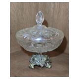 Crystal Cut Brass Base Candy Dish 8ï¿½" tall