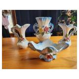 Ornate flowers blue and white lusterware vases