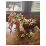 Milk glass vase with faux flowers. Faux fruit