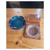 Blue art glass ashtray, ashtray and wooden