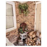 Wicker table, glass top, seashells, pinecone,