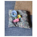 Dog bed, bowl and toys
