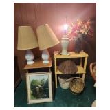 Table, lamps, decor, basket, trash can, wall art