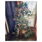 Faux tree and faux flower and greenery baskets