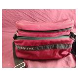 Camera lens and a camera flash in a bag and a