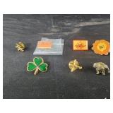 Assorted pins, bull dog, 3 leaf clover, angel