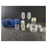 Blue Corelle stoneware mugs, shot glasses,