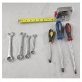 Screwdrivers, wrenches, 25ft measuring tape