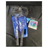 3 badminton rackets and birdies