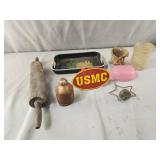 Vtg bell, usmc tow cover, rolling pin ,jar, tray