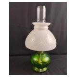 Vintage Green Glass Oil Lamp with Hobnail Milk