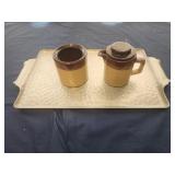 Tray and brown and tan sugar and creamer set