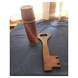 Vintage thermos and wooden key shaped key holder