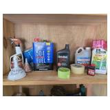 Contents of Shelf- Weed Killer, Motor Oil, Tape,