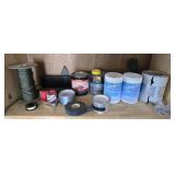 Contents of Shelf- Cleaner,  Bondo, Paint, Rope,