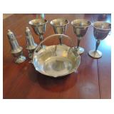 Pewter salt and pepper shakers, handles bowl and