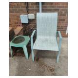 Metal chair needs repair and plastic side table