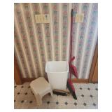 Step stool, trash can, brush, broom