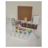 Cork board pieces, small plastic vases, wood
