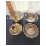 Soup pot, strainer, bowl. Egg poach bowl
