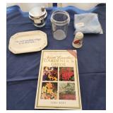 Gardeners guide book, cardinal salt shaker,