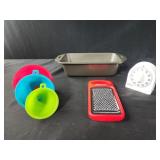 Funnels, grater. Kitchen timer, loaf pan