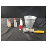 Vintage salt shakers, and ice cream scoop, metal