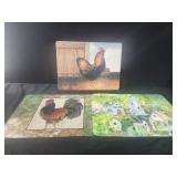 3 decorative placemats, rooster decor, birdhouses