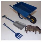 Vintage Toy Wheel Barrow, Shovel, Rake and Horse