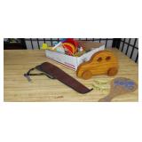 Box Lot of Assorted Toys - Clackers, Wooden Car,